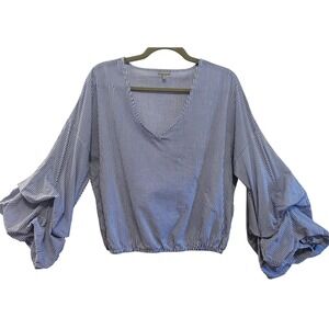 Charlotte Russe Artsy Blue White Striped Ruched Sleeve Blouse L V-Neck Cotton